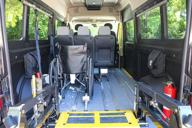 removeable seating and wheelchair positions inside ram promaster mobility van conversion by MoveMobility