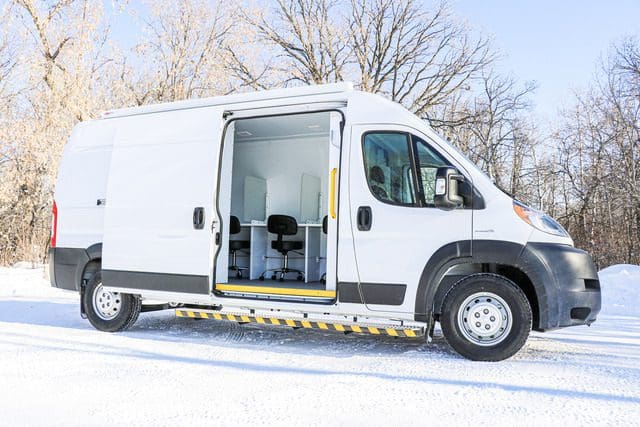 The side entrance of the Mobile Mitigation van (MM Model) in winter.